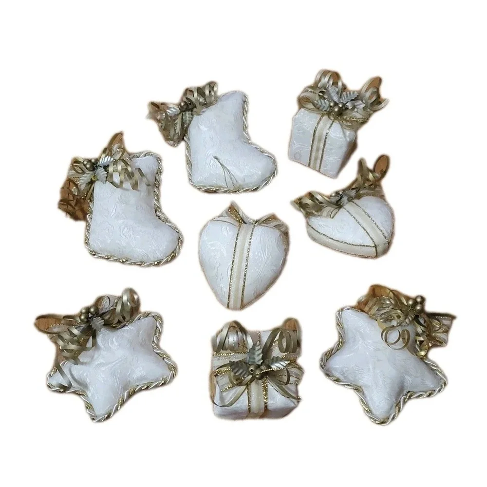 Vintage Christmas Fabric Ornaments Hearts Stars Set of 8 White/Ivory and Gold